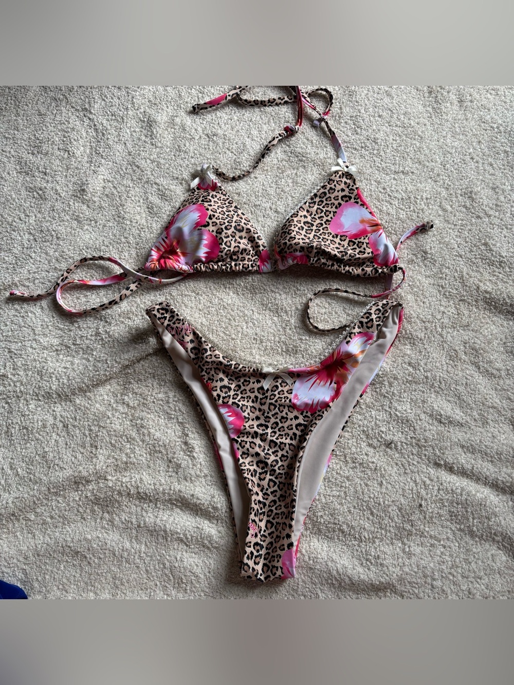 Leopard Floral Tie-String Bikini - Pink Floral Print